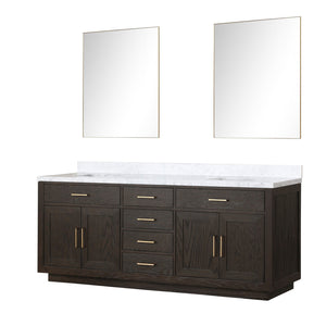 English Elm Brown Oak Double Bathroom Vanity with Carrara Marble Top and Frameless Mirrors B2731S01552