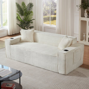 English Elm 3seater Corduroy Cloud Sofa Pocket Spring Cushioned Seat for Apartments and Office Lounges White W3396P434762