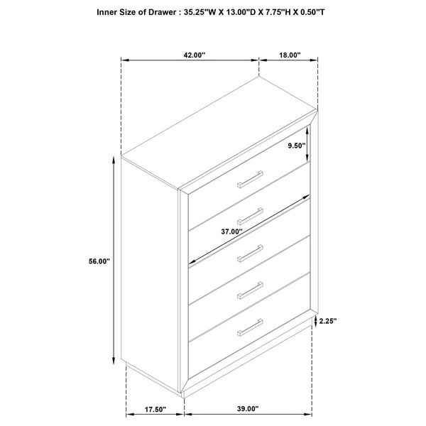 English Elm Gibbons Five Drawer Chest with Chrome Pulls and Mitered Trim for Modern Bedrooms B062P447735