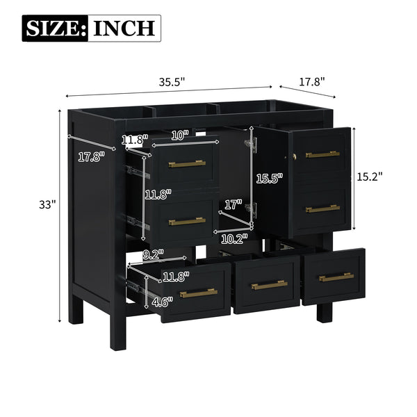 English Elm 36'' Bathroom Vanity Cabinet - Modern Solid Wood Freestanding Storage With 5 Drawers & Soft-Close Doors N710P256102B