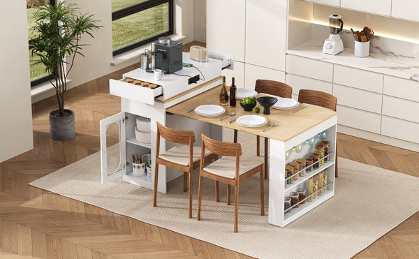 English Elm [video] Trexm Folding Bar Height Kitchen Island with Storage Drawers and Built-in Power Outlet XW000028AAK