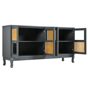 English Elm Retro 4-Door Sideboard with Spacious Adjustable Shelves, Solid Wood Legs, Spray-Painted MDF Finish Antique Dark Grey,Rattan W2696P256247