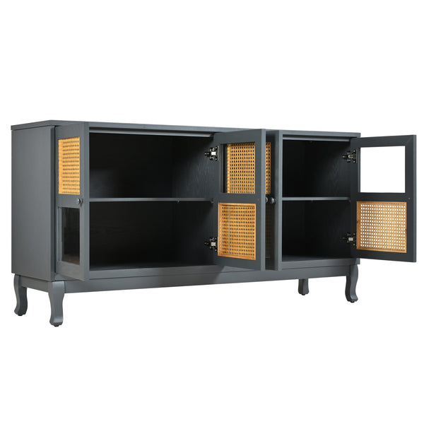 English Elm Retro 4-Door Sideboard with Spacious Adjustable Shelves, Solid Wood Legs, Spray-Painted MDF Finish Antique Dark Grey,Rattan W2696P256247