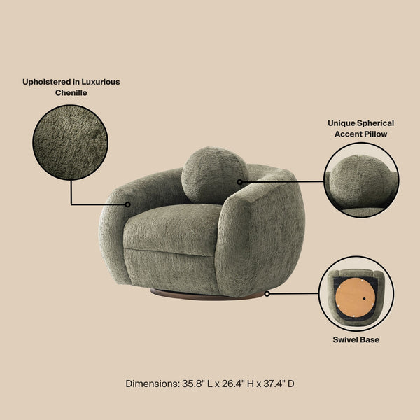 English Elm Lounge Swivel Accent Chair Olive Chenille Upholstered with Birch Frame for Living Rooms B365P398017