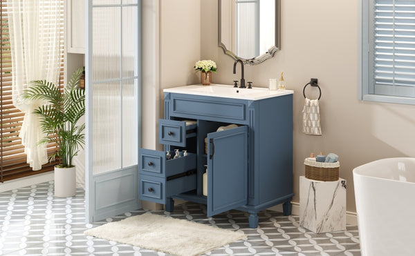 English Elm 30" Bathroom Vanity With Elegant Ceramic Sink – French-Inspired Design, Soft-Close Drawers & Storage N710P323328C
