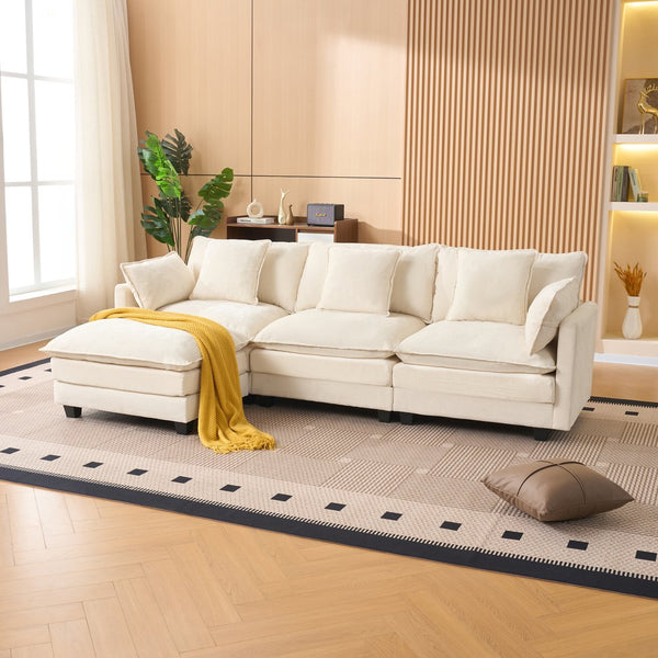 English Elm Beige Chenille Sectional Sofa with Modular Ottoman for Living Room or Studio Beige W2603S00001