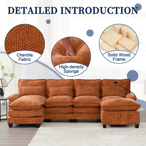 English Elm United We Win 106" U-Shaped Sectional Sofa - Comfy Chenille Couch With Usb Ports, Storage Ottoman & Pillows W1568S00234-GIGA