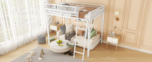 English Elm Queen Size Metal Loft Bed with Ladder and Built-In Storage Shelves, Sturdy High Bed for Teens 99" White W2580P379980
