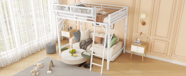 English Elm Queen Size Metal Loft Bed with Ladder and Built-In Storage Shelves, Sturdy High Bed for Teens 99" White W2580P379980
