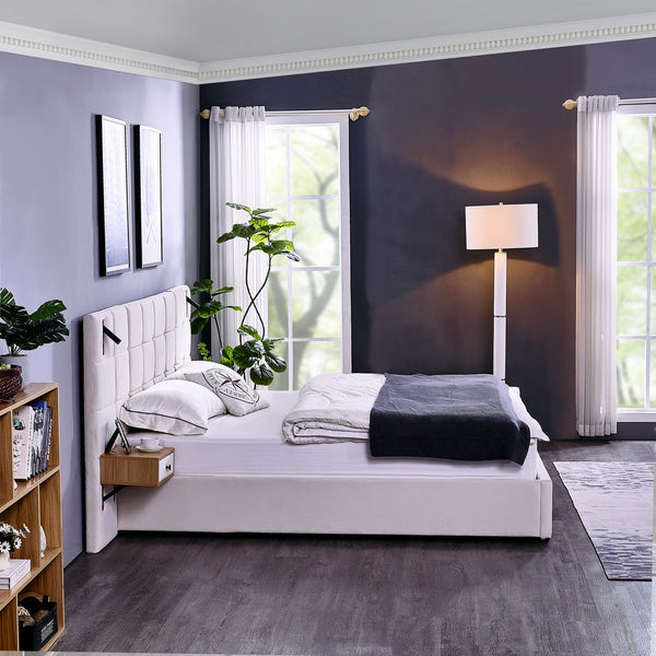 English Elm King Size Velvet Upholstered Hydraulic Platform Bed With Storage, Usb Port, Lamps & Shelves - Beige W1413S00107