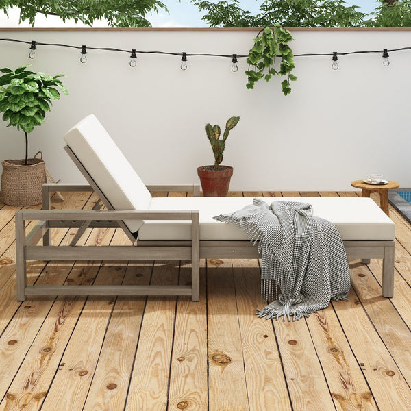 English Elm Trexm Outdoor Acacia Wood Chaise Lounge with Thick Foam Cushion and Adjustable Backrest Gray N715P236307E