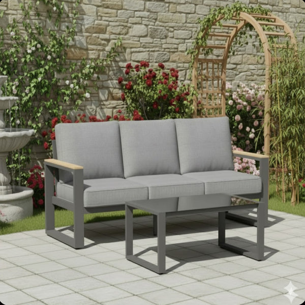 English Elm 2-piece Outdoor Aluminum Patio Sofa Set with Tempered Glass Table and Cushioned Seating Black+Grey B082P455133