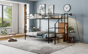 English Elm Twin Over Full Metal Bunk Bed with Trundle, Step Ladder Storage, Wardrobe & Wire Shelving, Durable Frame Black SF000172AAB