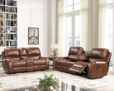 English Elm Achern Brown Leather-Air Nailhead Manual Reclining Sofa and Loveseat With Storage Console and Usb Port