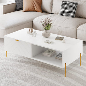 English Elm Mid-century Modern Coffee Table with Dual Drawers Tapered Legs and Open Storage Shelf White T3609P482851