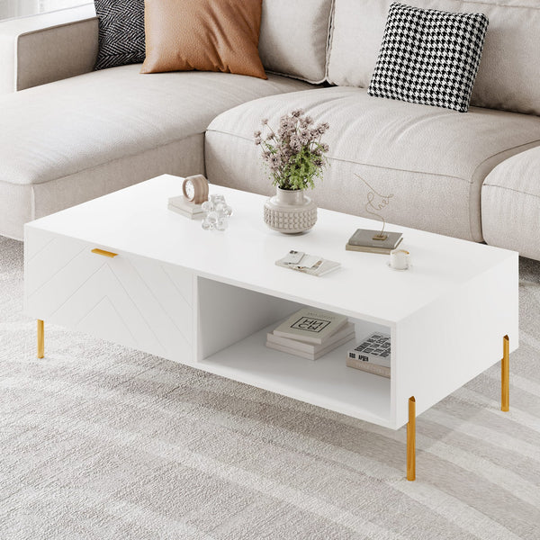 English Elm Mid-century Modern Coffee Table with Dual Drawers Tapered Legs and Open Storage Shelf White T3609P482851