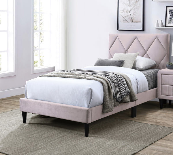 English Elm Twin Velvet Upholstered Bed with Adjustable Headboard, Diamond Tufted Design & 12-Slat Support System Light Pink 46 L x 29 W x 6 H B011P190166