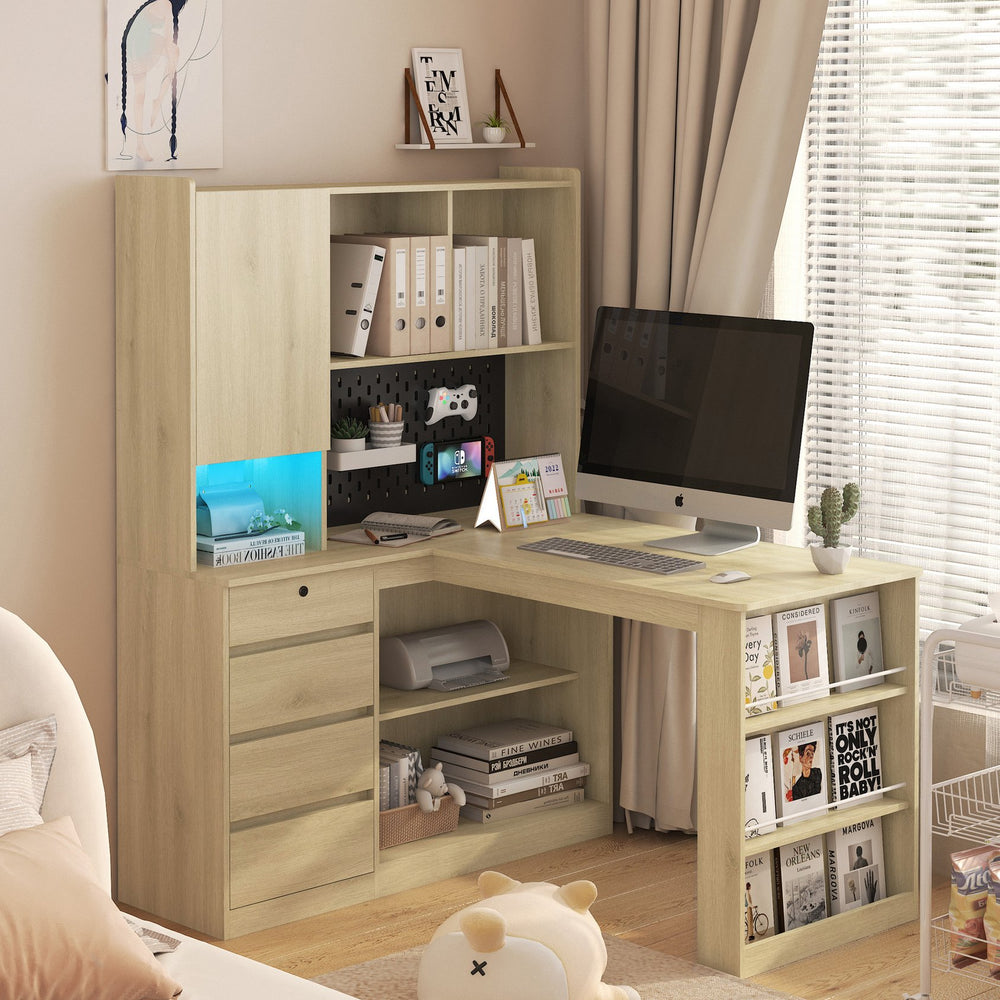 English Elm L Shaped Corner Desk with Led Lighting Charging Station Bookshelf Storage Home Office W1321S00029