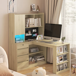 English Elm L Shaped Corner Desk with Led Lighting Charging Station Bookshelf Storage Home Office W1321S00029