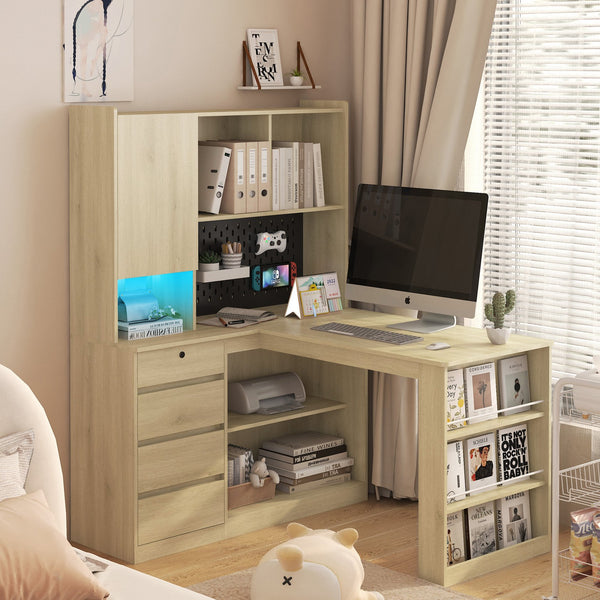 English Elm L Shaped Corner Desk with Led Lighting Charging Station Bookshelf Storage Home Office W1321S00029