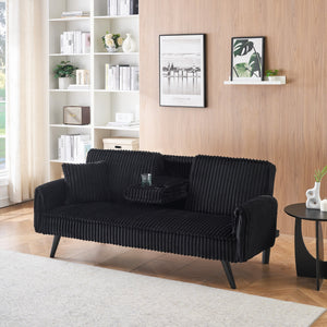 English Elm Minimalist Corduroy Reclining Sofa with Convertible Flat Sleeper and Cup Holder Black W3356P421777