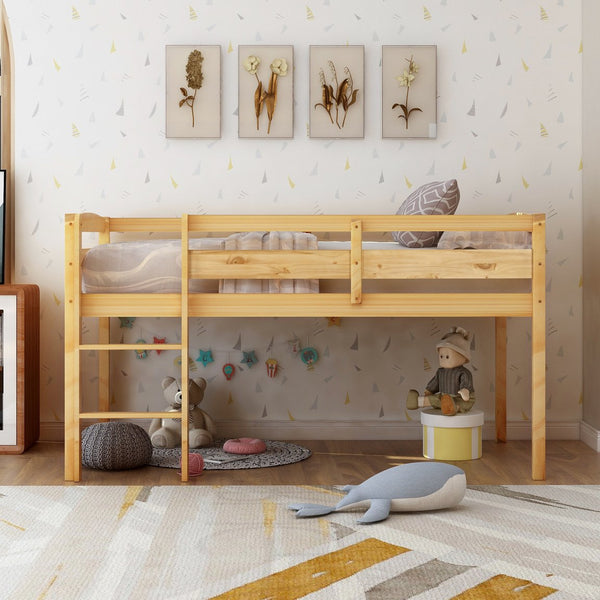 English Elm Twin Low Loft Bed Solid Pine Frame with Walnut Finish and Open Floor Space Below N708P340482D