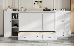 English Elm Queen Murphy Bed with Wardrobe Cabinets Built-in Usb Charging and Concealed Drawers White LP000590AAK