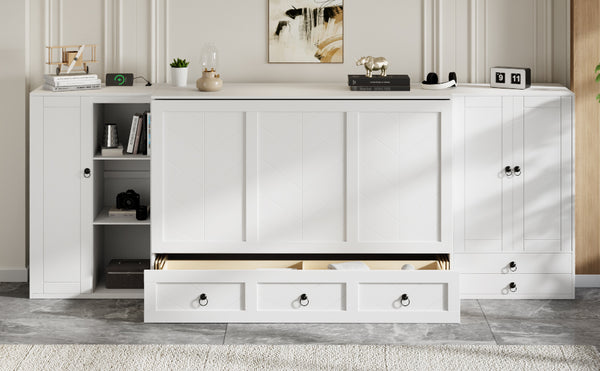 English Elm Queen Murphy Bed with Wardrobe Cabinets Built-in Usb Charging and Concealed Drawers White LP000590AAK