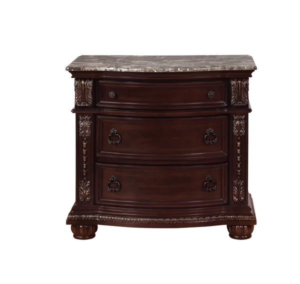 English Elm 1Pc Marble Top Nightstand With Curved Silhouette & 3 Drawers - Elegant Solid Wood Bedroom Storage B2741P366082