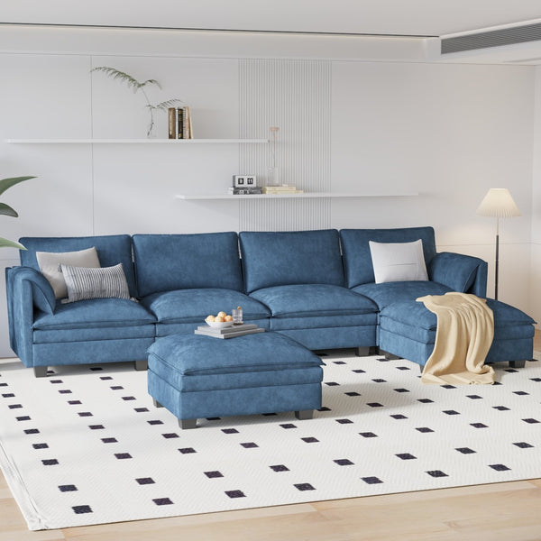 English Elm 141.5'' Large U-Shaped 6-Seater Sofa With Movable Ottoman, Modern Fabric Couch For Ultimate Comfort W680S00042