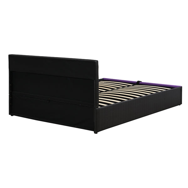 English Elm Modern Cyberpunk Queen Platform Bed Hydraulic Storage Pu Upholstered Gaming Frame Purple+Black SF000205AAI