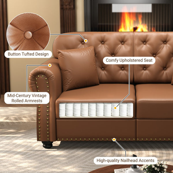 English Elm 63"upholstered Faux Leather Loveseat Mid-century Chesterfield with Tufting and Nailhead Detail Brown W1885S00425
