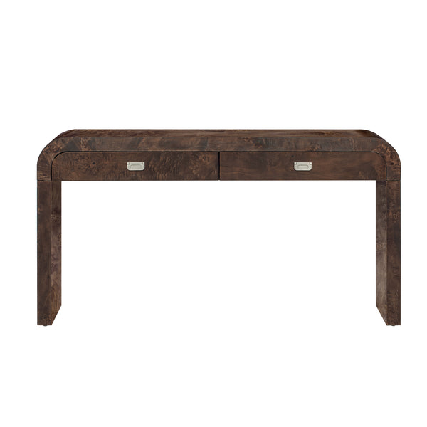 English Elm U_style Burl Veneer Console Table with Two Drawers for Foyer Living Room Hallway Dark Brown N711P216235P