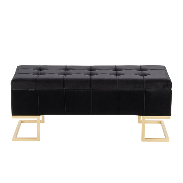 English Elm Storage Bench with Button Tufted Velvet Seat and Gold Tapered Legs for Bedroom B202P471510