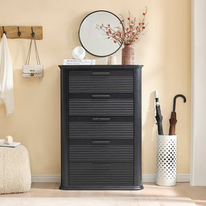 English Elm 6 Drawer Tall Fluted Chest with Waveform Fronts Slim Wooden Storage for Modern Bedroom Black Woodgrain T5326P425091