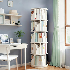 English Elm 5 Tier Rotating Bookshelf Tower with Curved Edges, 360° Smooth Spin, Stable Double-Layer Base, Space-Saving Storage White W3204P293743