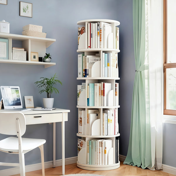 English Elm 5 Tier Rotating Bookshelf Tower with Curved Edges, 360° Smooth Spin, Stable Double-Layer Base, Space-Saving Storage White W3204P293743