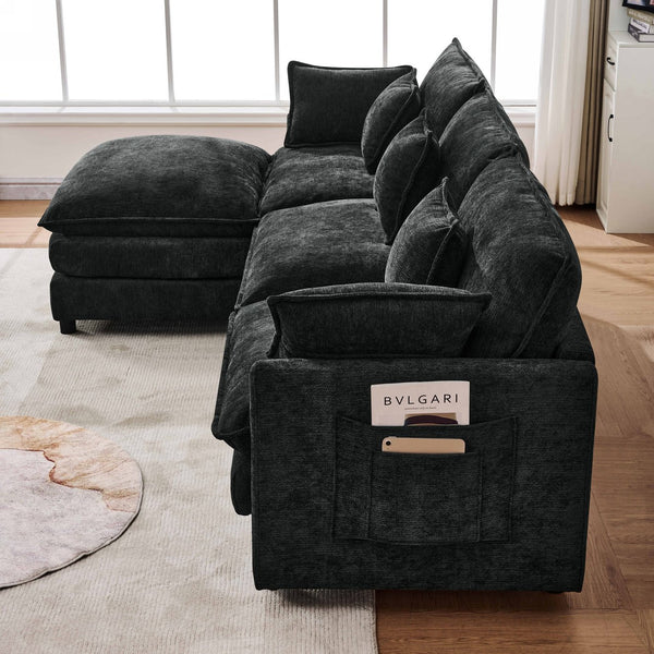 English Elm 101.9-inch Chenille Modular Sofa with Movable Footstool for Living Room Comfort Black W288S00032