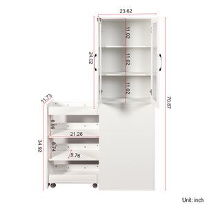 English Elm 70.87" Modern Display Storage Cabinet with 4-Tier Pull-Out Shelves, Dual Glass Doors for Home White W331P295245