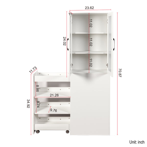 English Elm 70.87" Modern Display Storage Cabinet with 4-Tier Pull-Out Shelves, Dual Glass Doors for Home White W331P295245