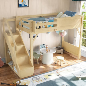 English Elm Twin Low Loft Bed Solid Pine Frame Kids Study Desk Blackboard Storage White Natural W1580S00547