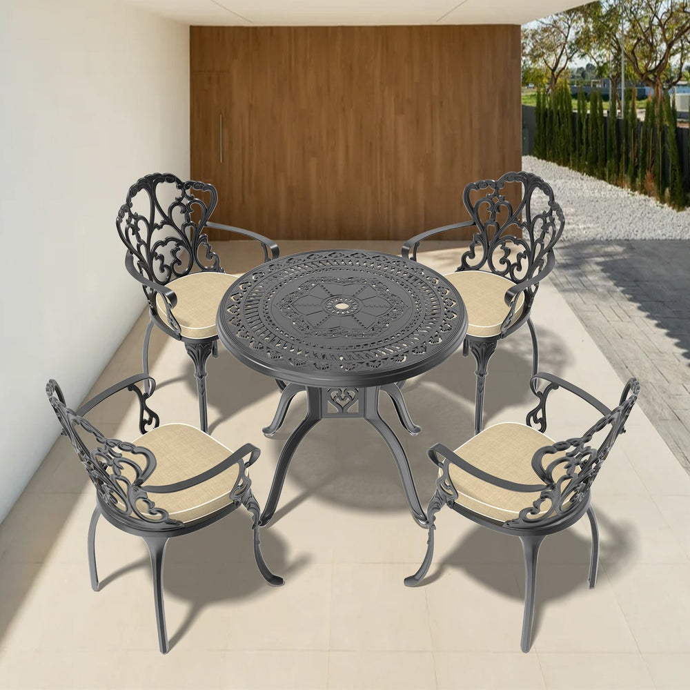 English Elm 5-piece Cast Aluminum Outdoor Dining Set with Relief Carved Frame and All-weather Cushions W1710S00543