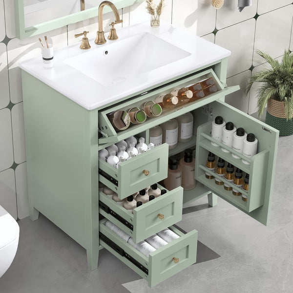 English Elm 30-Inch Contemporary Bathroom Vanity with Sink, MDF & Rubberwood, Glossy Finish, 3 Drawers + Cabinet Green N725P350819F