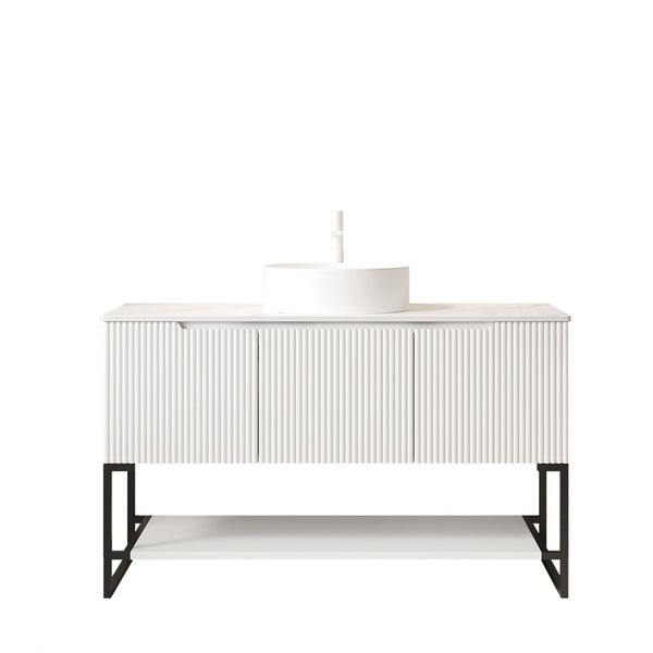 English Elm 48" Freestanding Bathroom Vanity Cabinet Sintered Stone Top Woodgrain Finish Open Shelf W2615S00664