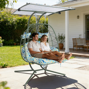 English Elm 2-person Outdoor Wicker Egg Chair Hanging Swing with Canopy Stand and Cushions Dark Green T5880P502255