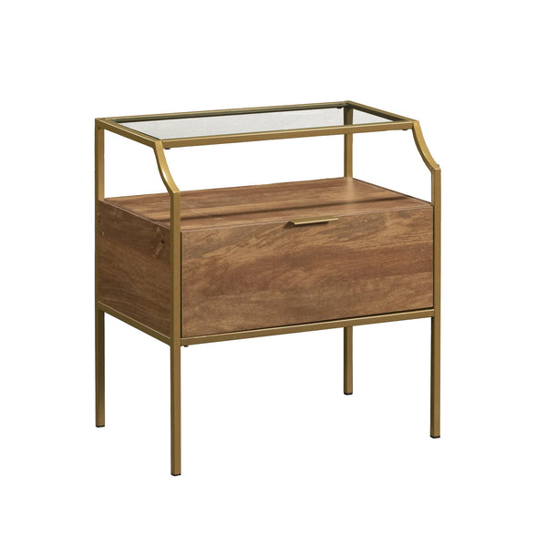 English Elm Night Stand - Contemporary Brown Finish With Metal Frame, Glass Top & Versatile Storage Solutions B356P402578