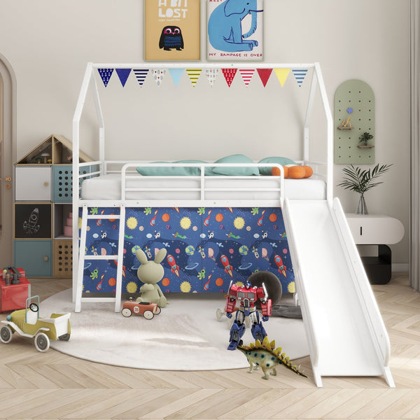 English Elm Jack Metal Junior Twin Loft Bed With Slide, Curtain Set, Pennant Banner & Star Stickers - White/Blue B083P354664