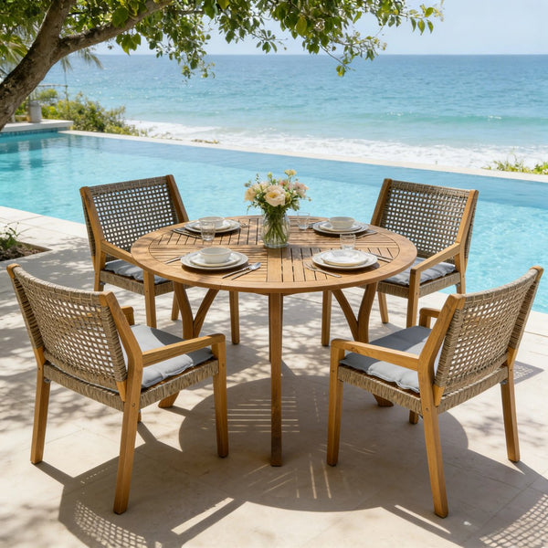 English Elm Modern Acacia Wood Round Patio Dining Set with Wicker Armchairs and Uv Resistant Cushions N770PS597R916
