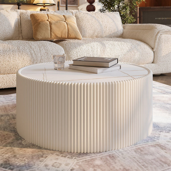 English Elm Light Sintered Stone Pu Leather Drum Coffee Table with Unique Gold Veining W3081P367602