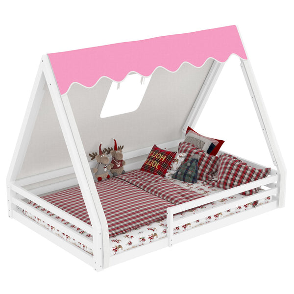 English Elm Twin Montessori Floor Bed Solid Pine Teepee Frame with Guardrails and Canopy Light White+Pink W1580P369467